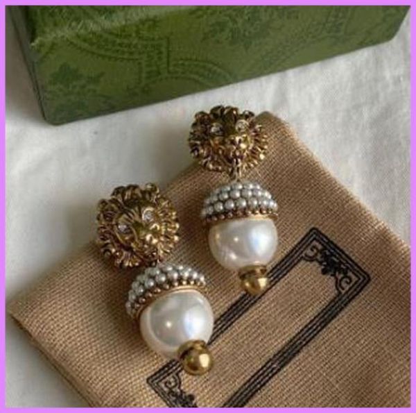 

new street fashion women earrings luxury designer jewelry pearl lion earring ladies ear studs retro designers d2111037869233, Golden;silver
