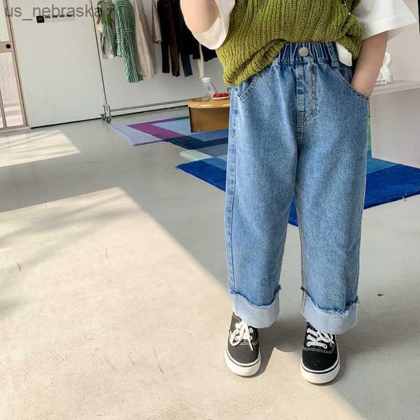 

spring summer kids crimped wide leg jeans boys and girls loose thin denim pants children fashion casual trousers l230518, Blue