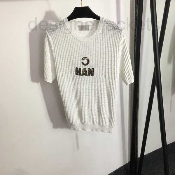 

women's t-shirt summer knit tee designer with jacquard sequins letter pattern runway crop viscose t shirt clothing high end elasticity, White