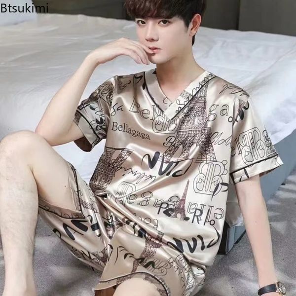 

men's sleepwear summer men's pajamas silk satin pullover shorts two piece set sleepwear male pajama home clothes nightwear men sle, Black;brown