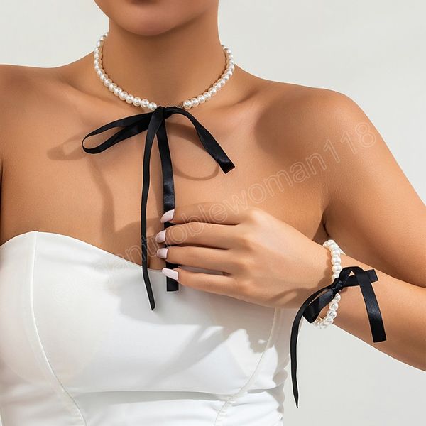 

elegant black red pink blue white webbing necklace bracelet women jewelry set imitation pearl choker bangle wedding summer, Silver
