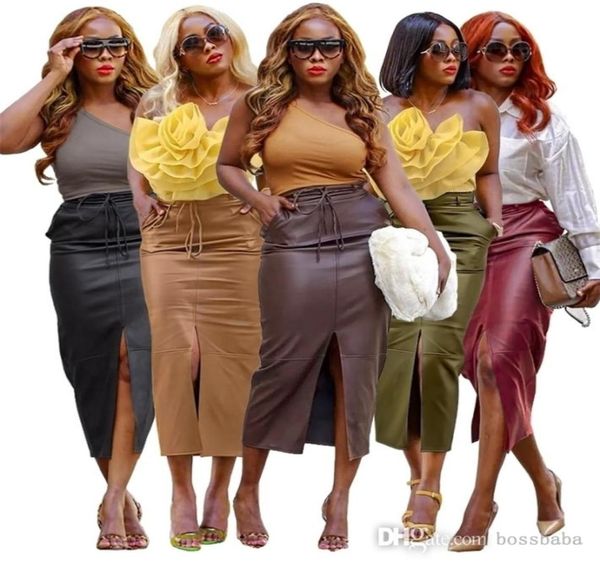 

womens elastic split strap leather skirt pure color fashion lady clothes2094832, Black