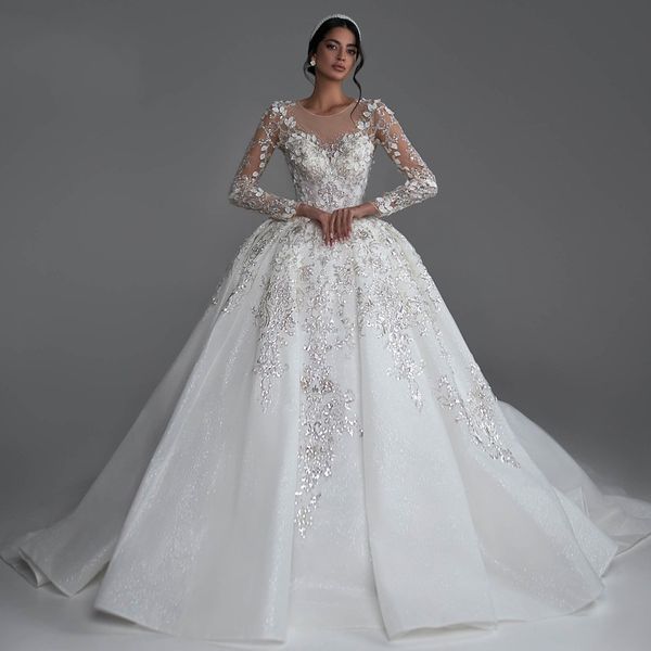 

luxury princess wedding dresses 2023 o-neck long sleeve robe de mariee glitter lace beaded ball gown vestido de novia, White