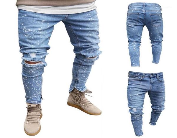 

mens biker demin jeans stretch destroyed ripped pants printed fashion design soft skinny hole jeans for male bottoms12335179, Blue
