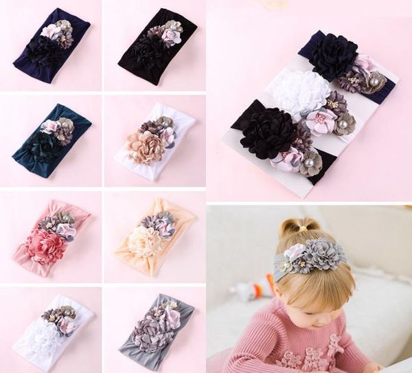

8 color soft nylon headbands silk stitching flower headdress cute princess hair band baby girls hair accessories m2406689229, Slivery;white