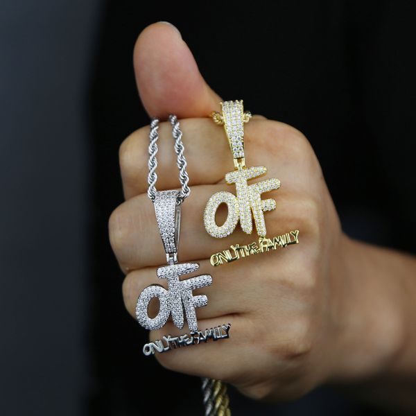 

new designer only the family otf letter pendant necklace with rope chain women men boy iced out full paved zirconia hip hop fashion gift jew, Silver