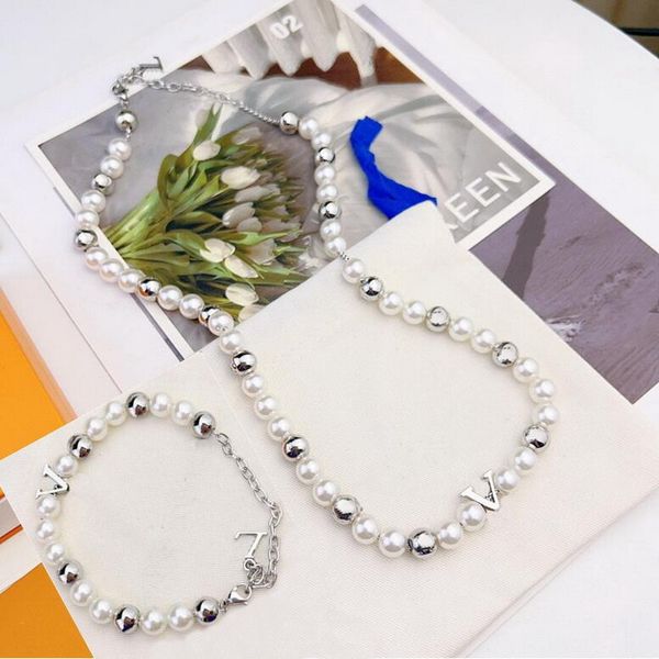 

europe america fashion beads chain necklace bracelet men women silver-colour metal engraved v letter pearls jewelry sets m0996a m01157