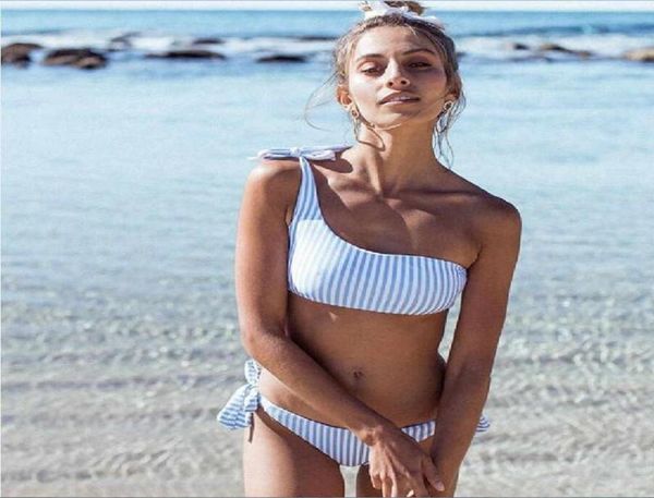 

one shoulder bikini 2018 women stripe print swimwear push up swimsuit brazilian bikinis xl biquini bow bath suit maillot de bain8745818, White;black