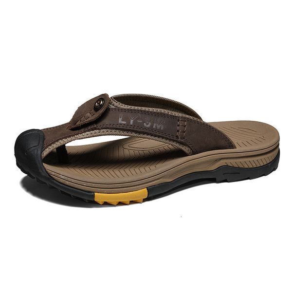 

slippers classic brown men leather slipper handmade flipsflops summer comfortable casual pantuflas hombre 2023 230724, Black