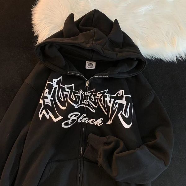 

womens hoodies sweatshirts fashion oversize sweatshirt street trend loose casual coat women retro devil wings letter printing zipper hoodie, Black