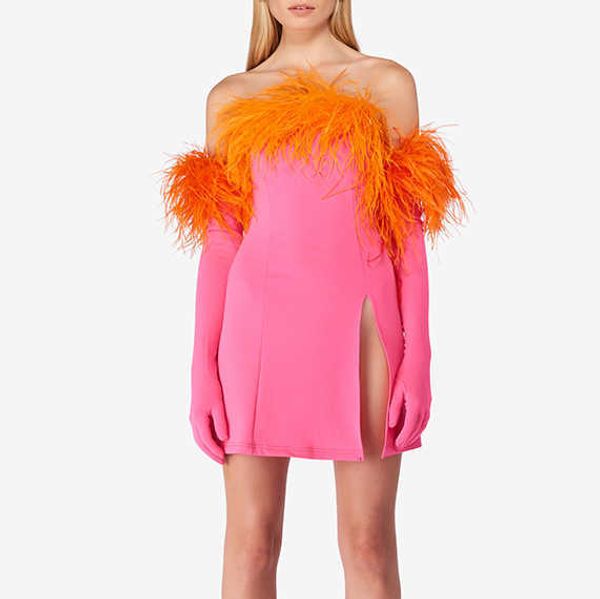 

autumn new dress party split short dress feather bandeau off shoulder dress, Black;gray