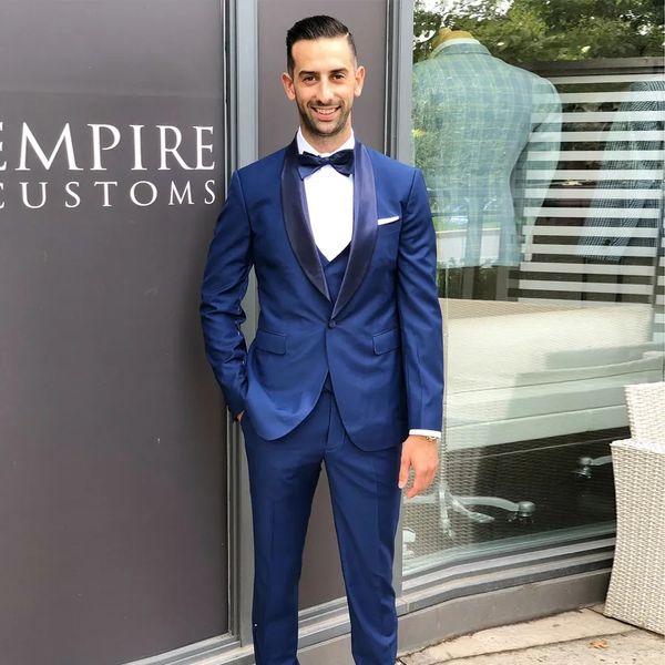 

blue slim fit mens suits wedding grooms tuxedos shawl lapel formal blazer one button prom suit jacket pants vest, Black;gray