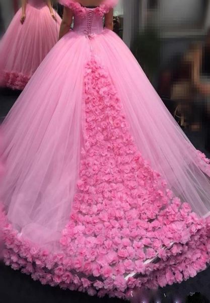 

pink ball gown wedding dresses with hand made flowers sweet cap sleeve sweetheart wedding gowns custom made lace up dresses vestid9502845, White