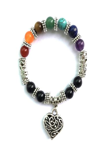 

7 chakra rainbow bracelets love heart pendant boho female silver plated jewelry purple crystal red agate bracelet kimterd893s z5677784, Golden;silver