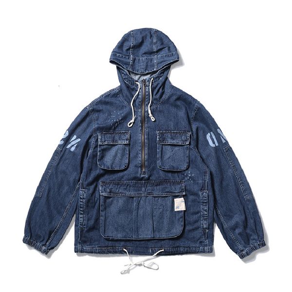 

men's hoodies sweatshirts fashion oversized hip hop jeans jacket streetwear hooded cargo denim coat with multi pockets loose fit y2k ou, Black