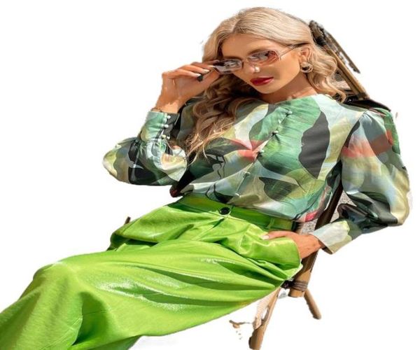 

random plants print puff sleeve blouse d9sf01234567590220704359038, White