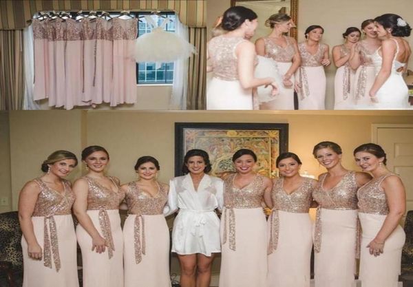 

2020 bling sheath bridesmaid dresses v neck rose gold sequined sashes floor length chiffon plus size maid of honor wedding gue9228420, White;pink
