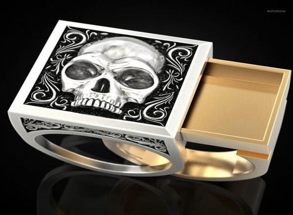 

cluster rings 2021 unique design two tone punk 925 silver plated skull ring secret compartment gift ring18426264, Golden;silver