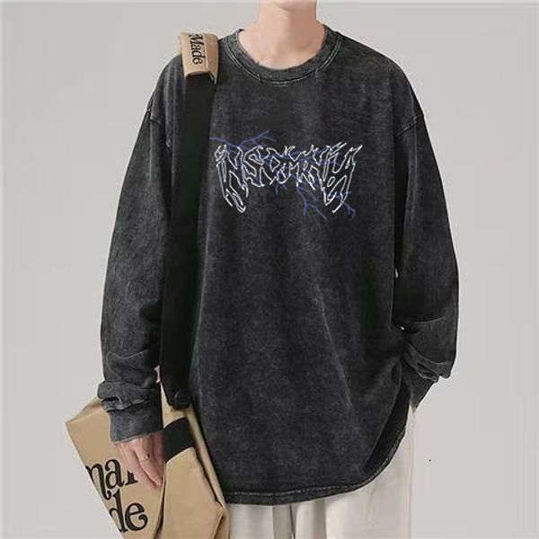 

mens hoodies sweatshirts harajuku vintage style washed old creative letter print long sleeves autumn crewneck streetwear men women pullover, Black