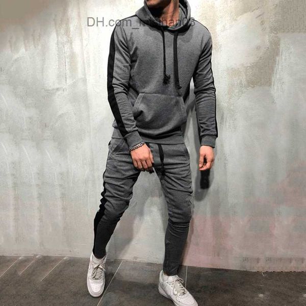 

men's tracksuits 2 pieces sets men tracksuit new autumn winter hooded sweatshirt +drawstring pants male stripe patchwork hoodies z23072, Gray