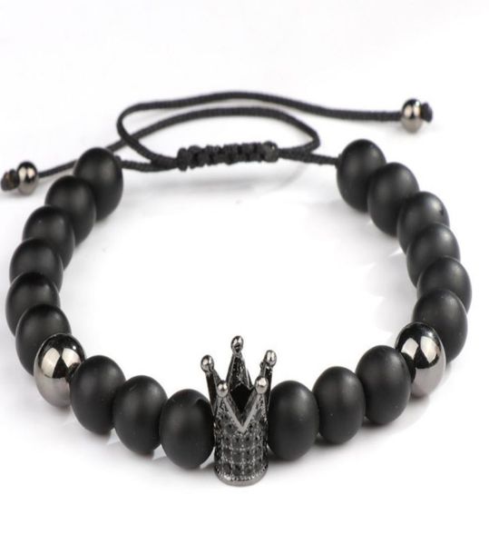 

8mm uuyy8 micro pave cz zircon cubic zirconia elastic adjusted charm nature black stone volcanic lava bead crown charm bracelet1924894