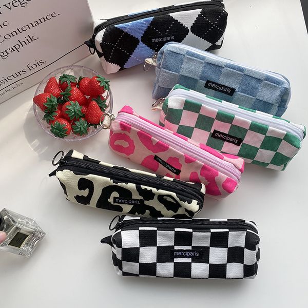 

cosmetic bags cases japanese style plaid bag women canvas handbags purse organizer pencil lipstick makeup leopard 230725