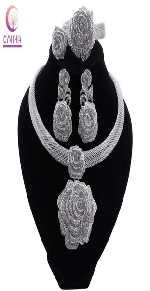 

dubai women silver plated jewelry sets african wedding bridal ornament gifts for saudi arab necklace bracelet earrings2299723, Slivery;golden