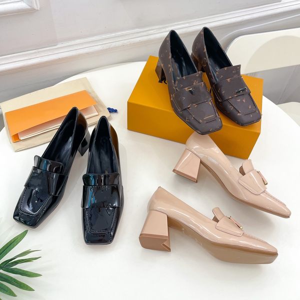 

designer monograms sandals women patent leather lu shake loafers fashion v shape block heels dress shoes ladies casual mules metal buckle sl, Black