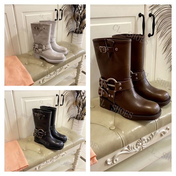 

boots women tall boots harness belt buckled cowhide leather brown leather biker boot round toe chunky heel martin bootss belt buckle trim, Black