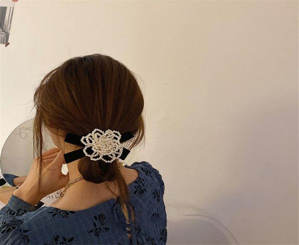 

aomu new design personality vintage pearl flower ed black bowknot hair rope for women party hair accessories jewelry gifts2676307, Pink