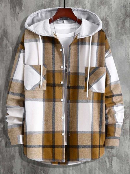 

men's casual shirts men hooded plaid shirt with two pockets hkd230725, White;black