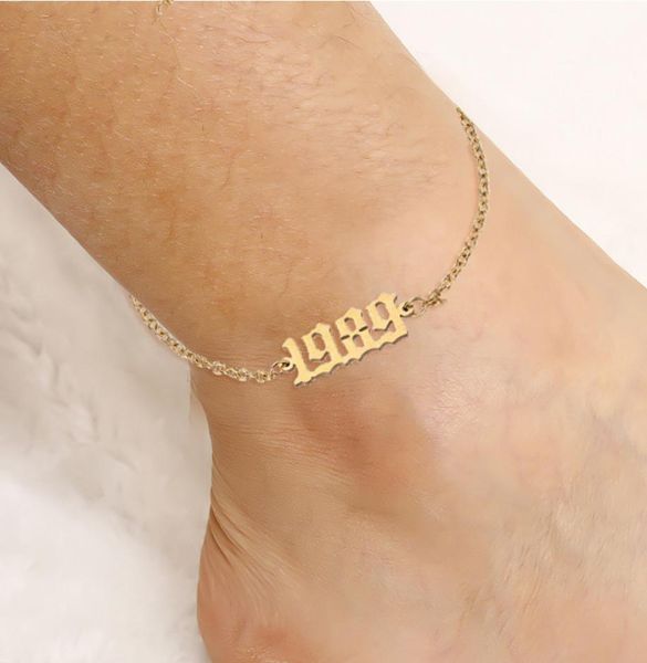 

personalize stainless steel ankle bracelet 1980 to 2000 special birth year custom number anklet charm bracelet friend gifts6859835, Golden;silver