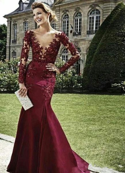 

2020 new vestidos de dark red evening dress burgundy long sleeves lace beads mermaid prom dress deep v neck formal gown1979306, Black;red