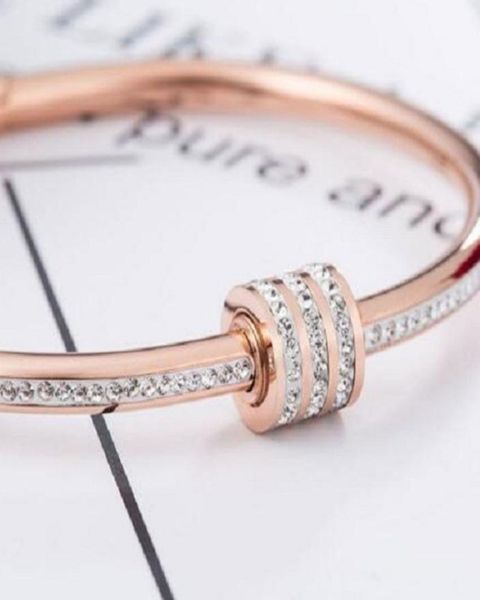 

18k rose gold plated love korean style bangle titanium steel diamond bracelet open crystal jewelry3766101, Black