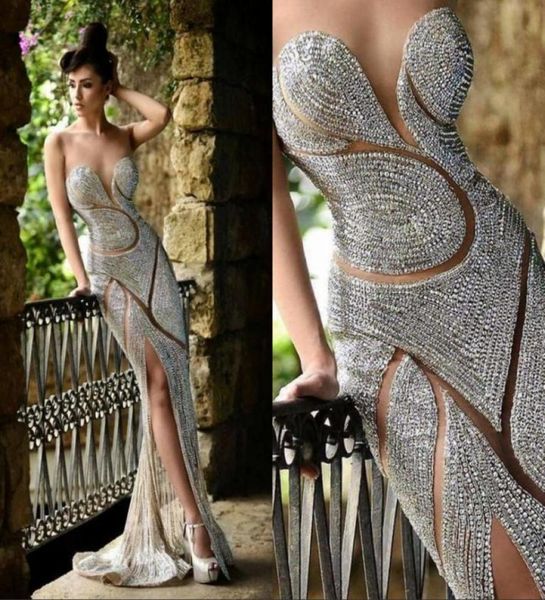 

bling split prom dresses illusion neck sheer major beading crystal sheath sheer skirt celebrity evening party gowns6079453, Black