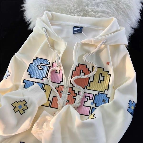 

womens hoodies sweatshirts american vintage letter embroidery zip up hoodie sweater spring hip hop loose coat y2k kawaii harajuku 230725, Black