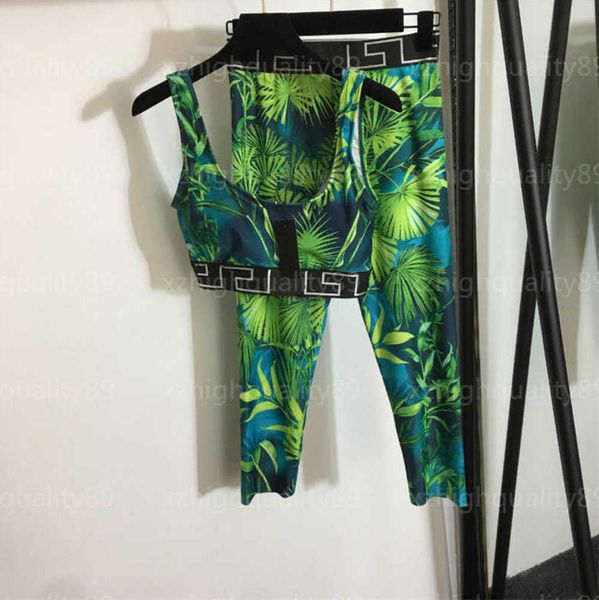 

tracksuits womens two piece designer women clothes sporty and rich leaf print yoga tank elastic waist slimming stretch 7-point pants lady bo, Gray