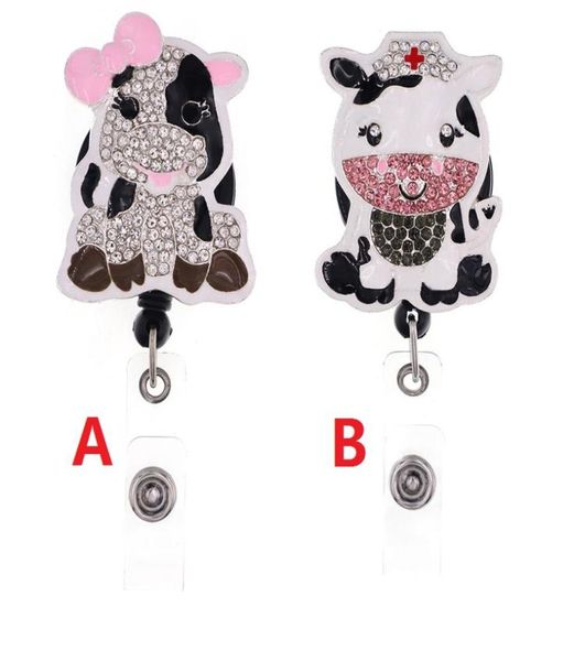 

cute key ring animal cow rhinestone retractable id holder for nurse name accessories badge reel with alligator clip8459384, Slivery;golden