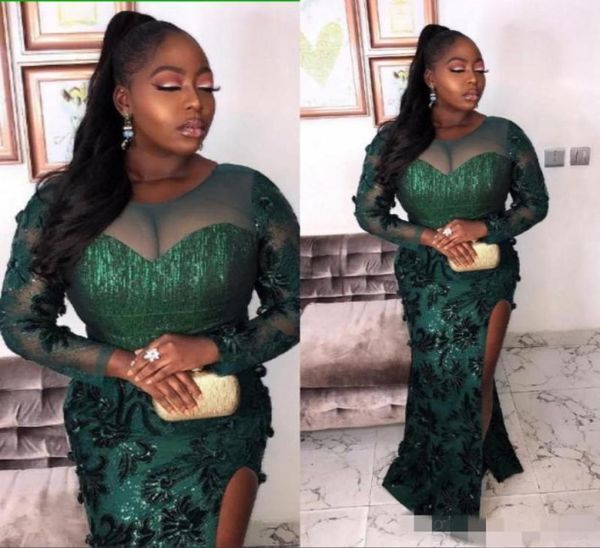 

dark green plus size evening dresses long illusion sleeves sheer neck side slit split mermaid lace applique sequins prom gown form6636592, Black;red