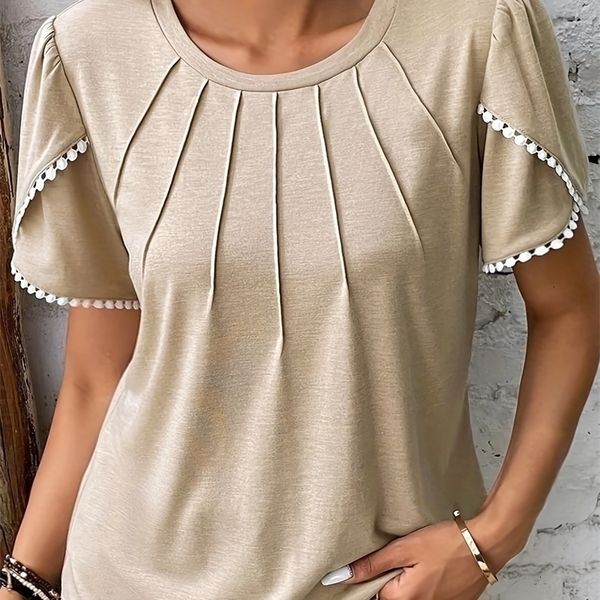 

womens tshirt summer womens europe and the united states round neck solid color pressed pleated short sleeve lace casual tshir 230724, White