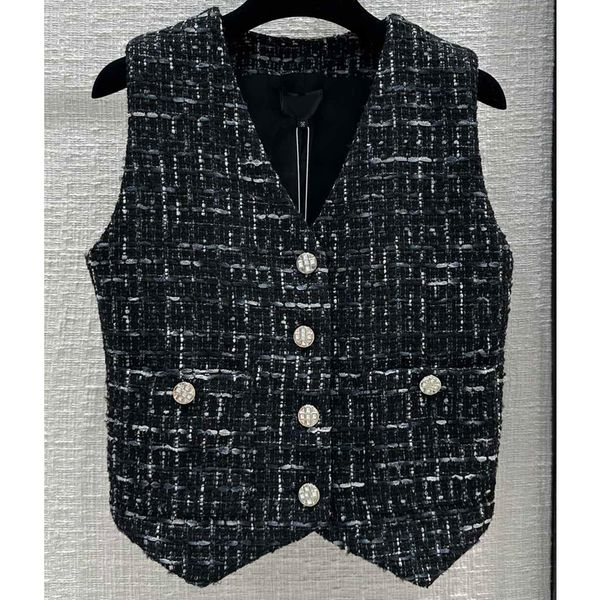 

7.25 temperament v-neck sleeveless gradient tweed short women's vests, Black;white