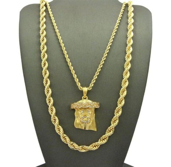 

hip hip iced out jesus face pendant w 24 10mm 30 rope chain necklace set 2 pcs necklace set rapper accessories251c8477566, Silver