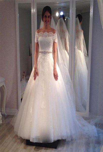 

romantic princess wedding dresses short sleeve with crystals sash elegant white bridal gowns vestido de casamento7743604