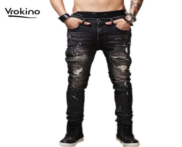 

vrokino brand new fashion hole men039s jeans leisure fashion street beggar pants7521456, Blue