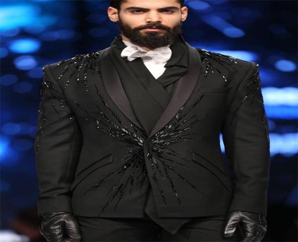 

two pieces black men suits luxury beads custom made men suits one button tuxedos peaked lapel blazer business coatpant8989622, Black;gray
