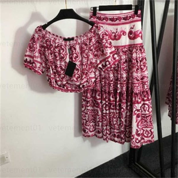 

summer crop t shirt half dress two piece vintage printed one neck short sleeve high waist big hem skirt designer red track suit, White