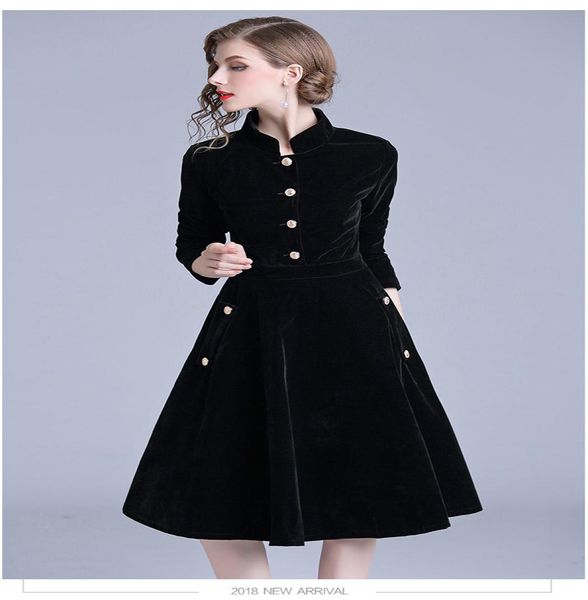

2018 new black vintage dress women elegant slim long sleeved velvet party dress office wear autumn winter long robe vestidos7189616, White;black