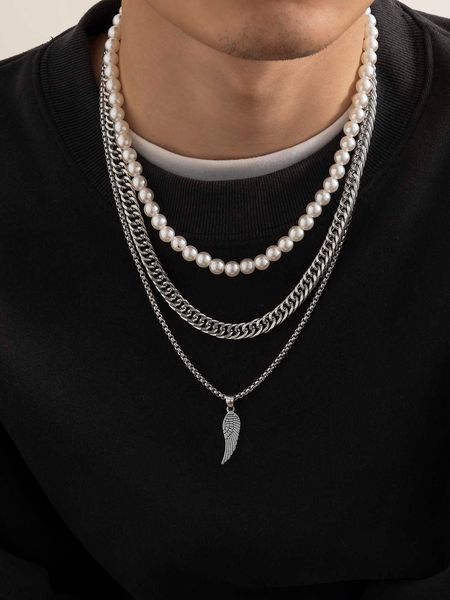 

women's accessories 3pcs men faux pearl decor necklace, Silver