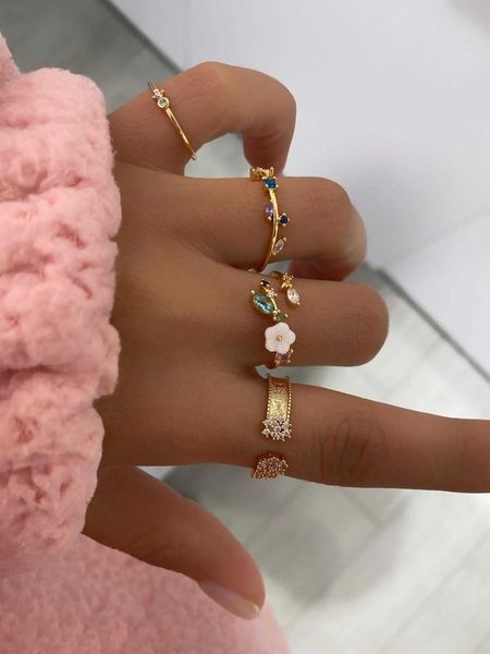 

women's accessories 4pcs rhinestone flower decor ring, Silver