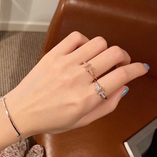 

high-end s925 sterling silver ring plain full diamond opening double t small design light luxury couple fashion and personality, Golden;silver